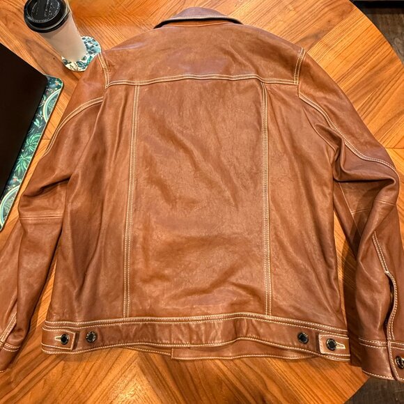 Michael Kors Leather Trucker /Jean Jacket Style Brown w. White stitching XL - Picture 5 of 5
